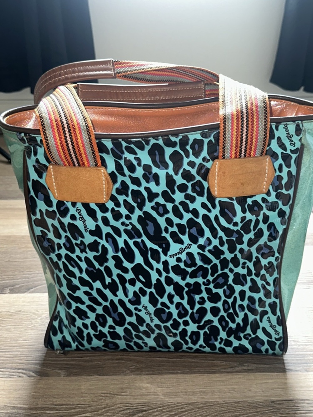 Consuela Colorful Leopard-Print Tote Bag with Striped Handles - Teal